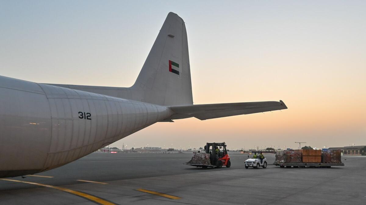 Relief materials are being loaded onto the C130 - DAW aircraft in Dubai.
