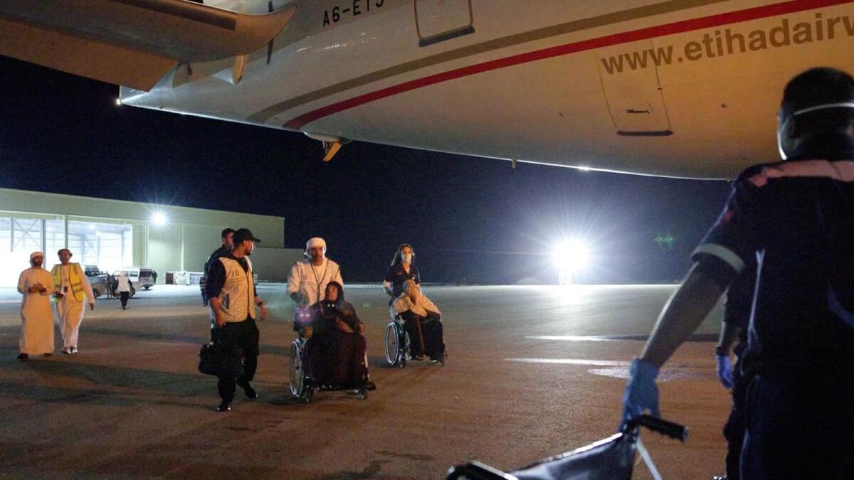 The group of Palestinian children injured and suffering from cancer arrives at the Abu Dhabi airport.  -Wam