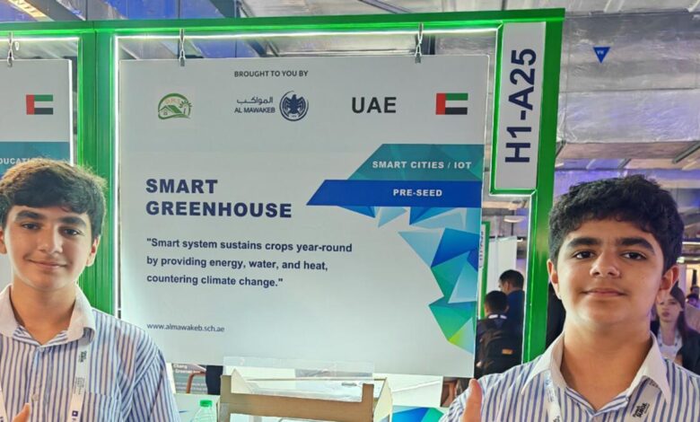 Students Hamad AlAwadhi and Dawood AlAwadhi present their smart greenhouse system at the Expand North Star exhibition in Dubai.
