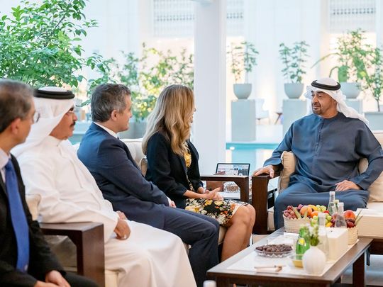 UAE President His Highness Sheikh Mohamed bin Zayed Al Nahyan (right) receives participants of the International Security Alliance (ISA) and the INTERPOL Strategic Dialogue, at Qasr Al Shati in Abu Dhabi.