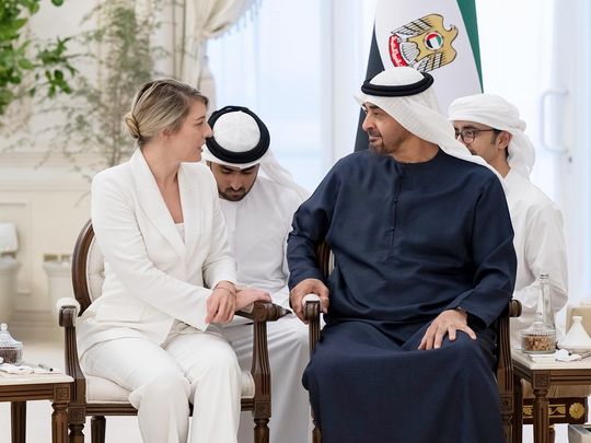 UAE President His Highness Sheikh Mohamed bin Zayed Al Nahyan meets with Melanie Joly, Foreign Minister of Canada, at Qasr Al Bahr in Abu Dhabi.