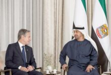 UAE President His Highness Sheikh Mohamed bin Zayed Al Nahyan (right), meets with Antony Blinken, United States Secretary of State, at Shati Palace, in Abu Dhabi.