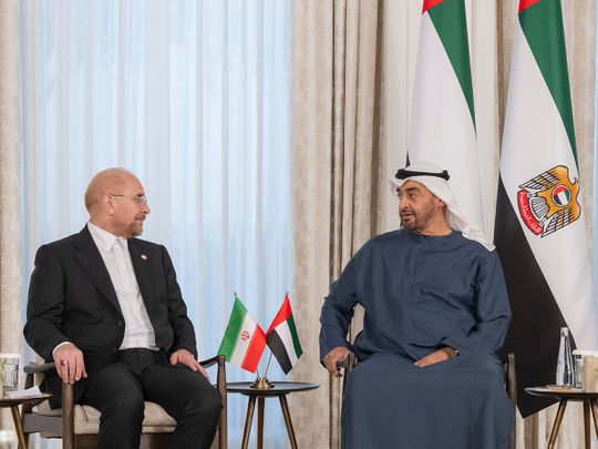 His Highness Sheikh Mohamed bin Zayed Al Nahyan, President of the United Arab Emirates (right) meets with Dr Mohamed Bagher Ghalibaf, Speaker of the Iranian Parliament, at Al Shati Palace.
