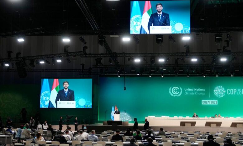 Ruslan Edelgeriev, Russia's special presidential representative for climate issues, speaks during a plenary session at the COP28 Summit in Dubai on Saturday.  -AP