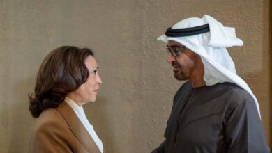 Sheikh Mohamed bin Zayed Al Nahyan greets Kamala Harris before a meeting at the UAE COP28 at EXPO City, Dubai.  - Reuters