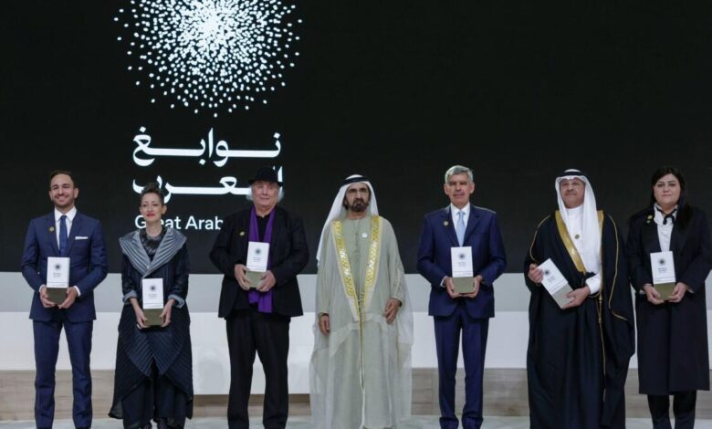 Sheikh Mohammed with the winners of the Great Arab Minds Awards in Dubai.  — Photo: Wam