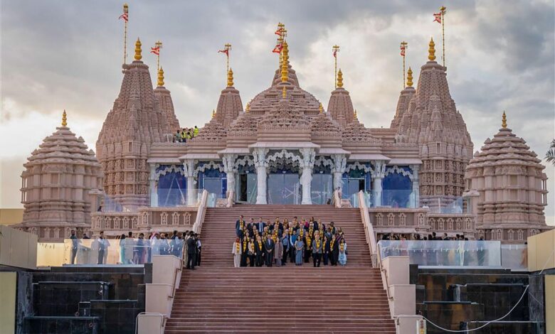 Ambassadors and diplomats from 42 countries visit BAPS Hindu Mandir, in Abu Dhabi, United Arab Emirates, on Monday, January 29, 2024. Photo: PTI