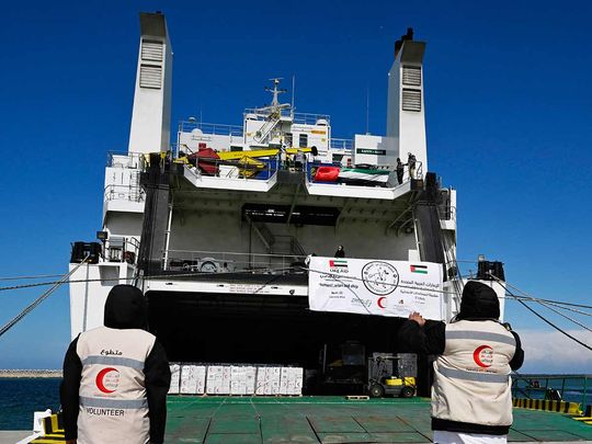 Second UAE aid ship arrives at Egypt’s Al Arish Port, carrying 4,544 tonnes of humanitarian supplies