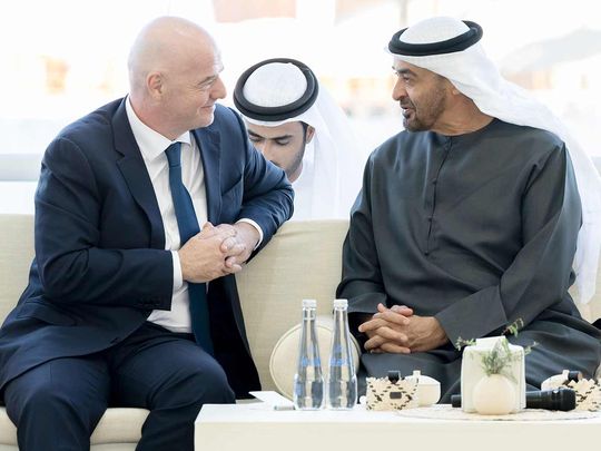 The President of the United Arab Emirates, Sheikh Mohamed bin Zayed Al Nahyan, receives the President of FIFA, Gianni Infantino