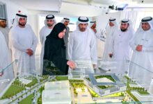 Sheikh Hamdan inspects the design of the Hamdan Bin Rashid Cancer Hospital in Al Jaddaf as Sheikh Mansoor and other officials look on.  — Photo: Dubai Press Office