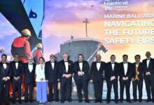 Eugene Mayne, John Lloyd and Captain Zarir Irani along with other participants at the annual sea ball organized by the UAE Nautical Institute.