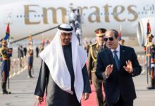 President His Highness Sheikh Mohamed bin Zayed Al Nahyan (L) is received by Abdel Fattah El Sisi, President of Egypt (R), at Cairo international Airport on Saturday.