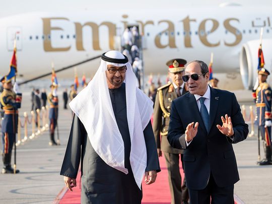 President His Highness Sheikh Mohamed bin Zayed Al Nahyan (L) is received by Abdel Fattah El Sisi, President of Egypt (R), at Cairo international Airport on Saturday.