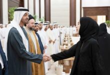 President His Highness Sheikh Mohamed bin Zayed Al Nahyan (left), greets Shamma bint Suhail Al Mazrouei, UAE Minister of Community Development (right), during an Iftar reception, at Al Bateen Palace.