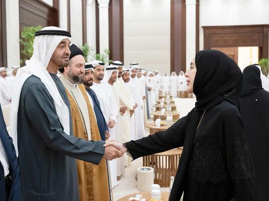 President His Highness Sheikh Mohamed bin Zayed Al Nahyan (left), greets Shamma bint Suhail Al Mazrouei, UAE Minister of Community Development (right), during an Iftar reception, at Al Bateen Palace.