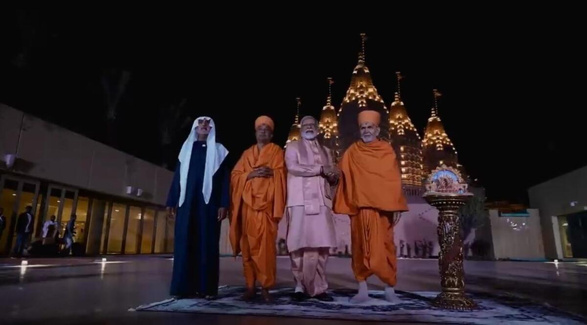 Indian Prime Minister Narendra Modi and Sheikh Nahyan bin Mubarak Al Nahyan during the inauguration of Mandir